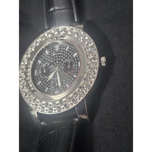 56.8mm silver crystal bezel Fashion Analog Quartz watch w/Genuine Leather Band main image 7
